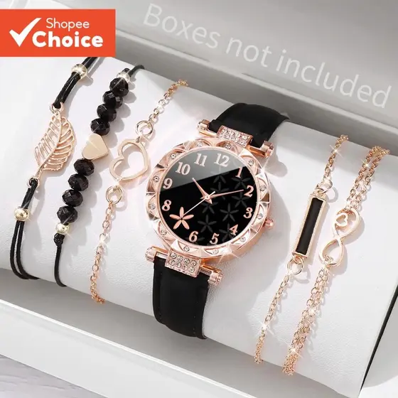 VMI Conjunto De Relógio De Quartzo Cristal Acento Coração Folha Pulseira Moda Pulso Jóias Presente 6 Pçs Para Mulher Sem