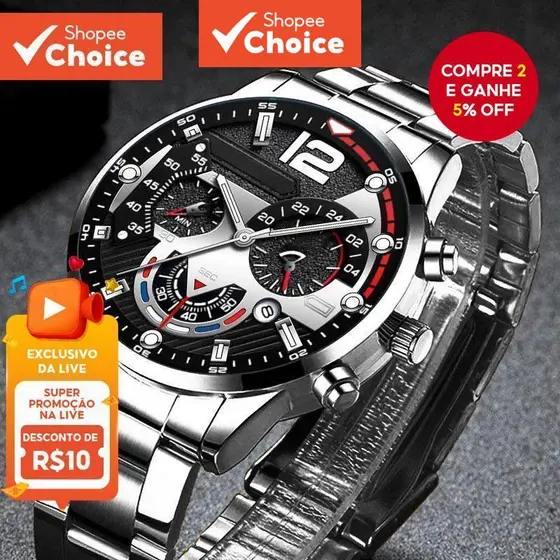 Relógio Masculino Pro Sports Business Date Cronógrafo Pulseira De Couro De Aço Inoxidável Para Academia E Negócios