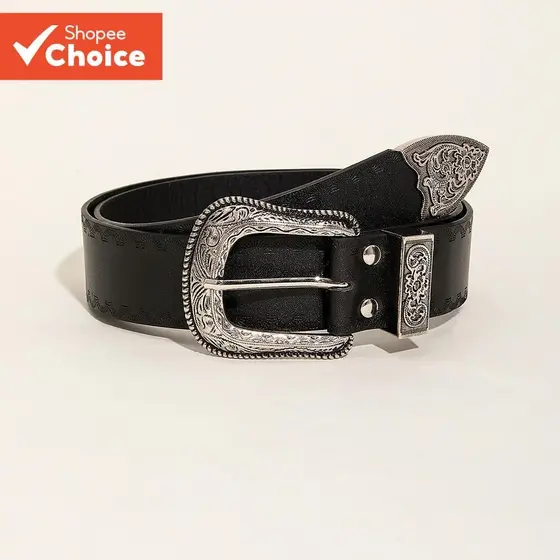 Cinto De Couro Preto Feminino PU Estilo Ocidental Fosco Esculpido Verão Versátil Acessórios Jeans