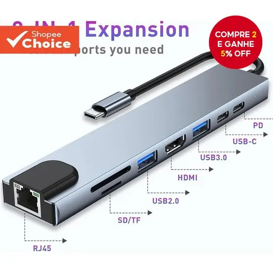 Tipo C 8 Em 1 Hub USB3.0 HDMI RJ45 Porta Ethernet Leitor De Cartão SD TF Transferência De Dados PD OTG
