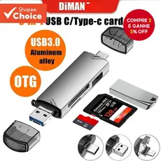 Leitor de cartões OTG 6 em 1 Tipo-C Micro USB para SD TF Adaptador Pen Drive Mini