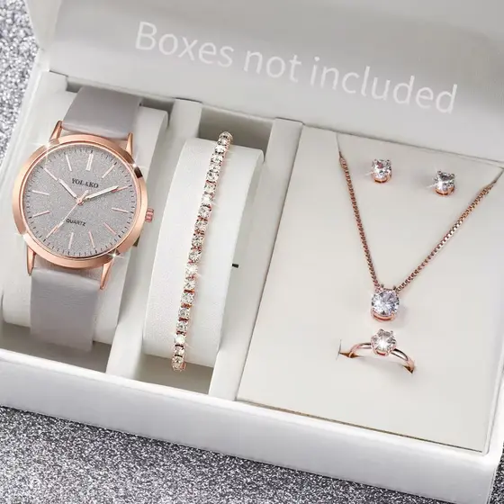 6 Pçs/Set Relógio Feminino Moda Matte Dial Relógios De Quartzo Pulseira De Couro Pulso Conjunto De Jóias De Diamante (Se