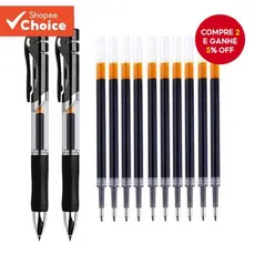 Conjunto De Canetas De Gel Retráteis 2 10 Recargas 0.5 Mm Tinta De Grande Capacidade Preta Escritório Escola