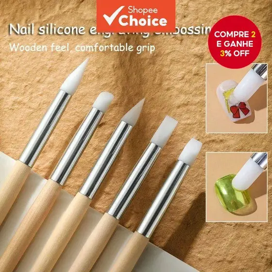 5 Pçs/Set Silicone Caneta Da Arte Do Prego Escova UV Gel Polonês Ponta 3D Imagem DIY Gravação Pincéis Escultura Em Madei