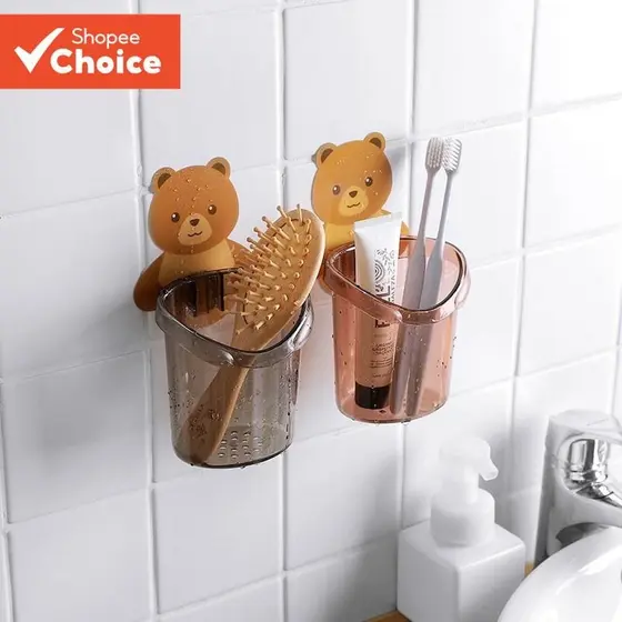 Suporte Para Escova De Dentes Bear : Rack De Armazenamento De Banheiro Sem Perfuração Copos De Enxágue E Itens Essenciai