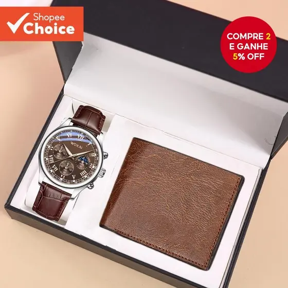 Conjunto De Relógio E Carteira Masculino Kegllect Sem Caixa De Couro Casual De Negócios Presente Para Ele ,