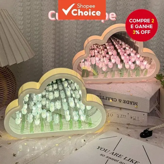 Espelho Tulipa Luz LED Flor Mar DIY Presente Noturna Nuvem