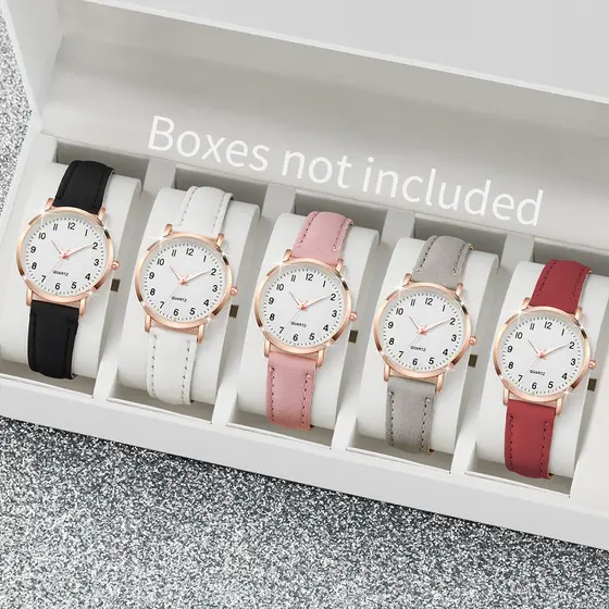 5PCS/Conjunto Relógio de Quartzo Feminino com Mostrador Árabe e Pulseira de Couro para Senhoras(Sem Caixa)