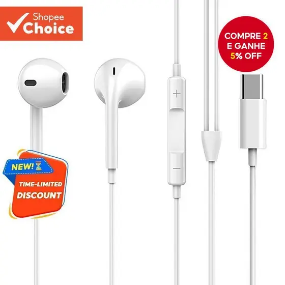 UP18 Fones De Ouvido Tipo-C Clássicos Com Fio Meio Intra-Auricular Digitais Controle Inferior Compatível Smartphones Som