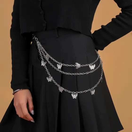 Mulheres Punk Borboleta Cintura Corrente Em Camadas Hip Cinto Jeans Saia Chaveiro Streetwear Prata