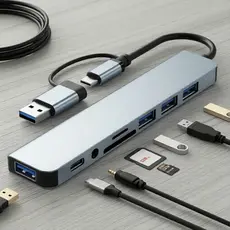 Hub USB Expansor Doca 8 Em 1 USB3.0 Tipo C Adaptador TF Leitor SD Áudio De 3.5mm Para MacBook ipad