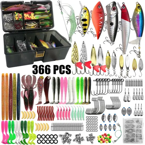 Kit de iscas de pesca, 87/137/366 peças, com caixa e bolsa de armazenamento, iscas macias e rígidas, anzóis, chumbadas,