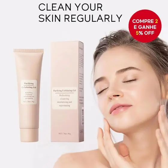 O gel esfoliante remove a pele morta, limpa o queratina facial, desobstrui os poros e hidrata a pele.