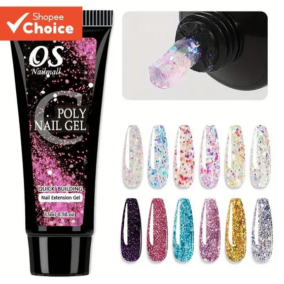 Gel de Extensão de Unha de Polímero 15ML - 12 Cores de Glitter, Gel de Construção para Unhas, Ferramenta de Manicure.