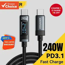 240W USB Type C Para Cabo 100W PD Carregamento Rápido Fio iPhone 15 Pro Max macbook