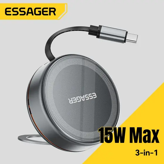 Essager Carregador Sem Fio Magnético 15W 3 em 1 para Carregar Celular/Relógio/Fone de Ouvido com Cabo Retrátil