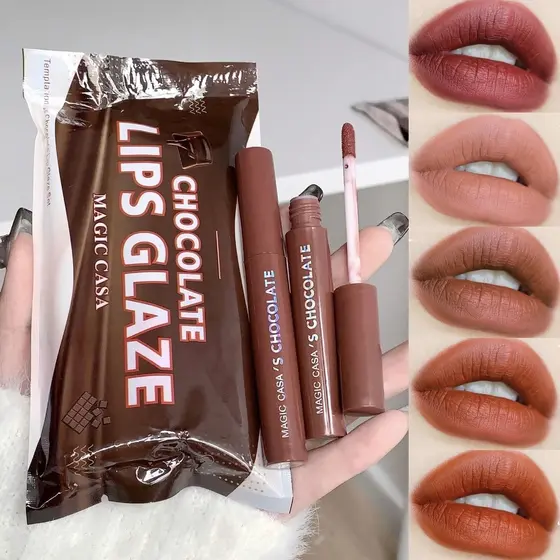 Conjunto De Esmalte Labial MAGIC CASA Chocolate 5 Peças : Batom Fosco , De Longa Duração , À Prova D'água , Sem Secagem