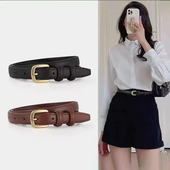 Cinto de Couro Feminino Coreano Estiloso - Fivela de Metal Preto Sofisticada para Jeans e Vestidos