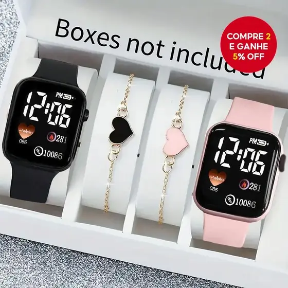 Conjunto De Relógio Digital Elegante , 4 Peças , Caixa Quadrada , Pulseiras De Coração Para Mulheres , Presente De Natal
