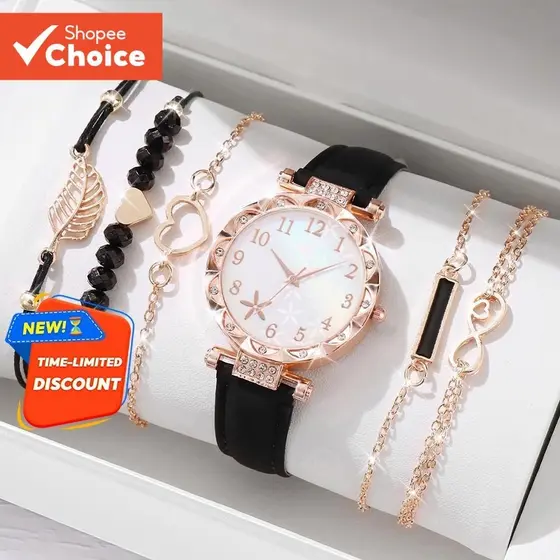 Conjunto De Pulseira De Relógio De Quartzo Flor Preta Feminino Elegante Presente Minimalista