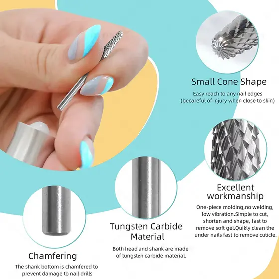 Novo 1PC Broca de Unha de Carboneto de Tungstênio Cone Redondo Profissional para Remoção de Gel e Limpeza de Cutículas.