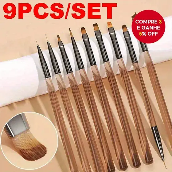 Kit-9Pcs DIY Brush Nail Art Ferramentas Essenciais De Salão Para Designs De Renda E Ombré , Acrílicos Arte Floral Em Gel