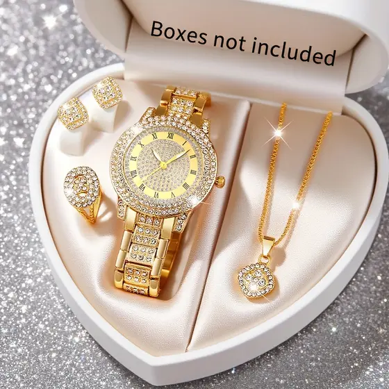 5 peças/conjunto Relógio feminino de moda com strass, mostrador romano, relógio de pulso de quartzo para senhoras,
