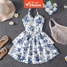 Vestido halter azul com flores para meninas 8-12 anos, cintura franzida, saia em camadas, fofo e elegante para o dia a