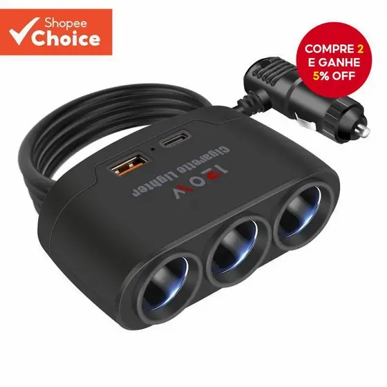 3-Em-1 Adaptador de Tomada do Carro com Isqueiro e Divisor Duplo USB para Carregamento