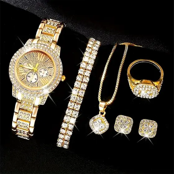 Conjunto De Relógios 6 Peças Elegantes Para Mulheres Quartzo Mostrador Romano Zircão Simulado Sem Caixa