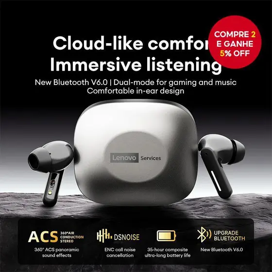 Lenovo LE209 Fone De Ouvido Bluetooth Fones Com Cancelamento De Ruído Som Hi-Fi Bateria Longa Para De Telefone