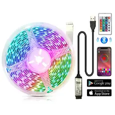 Fita de LED RGB com sincronia musical, iluminação para TV, controle por app/controle remoto, 5W, USB 5V, flexível.