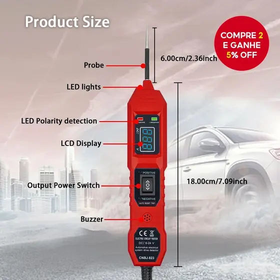 Novo Testador de Circuito Automotivo para Carros 6-48V DC com Sonda de Circuito Elétrico, Luz LED de Duas Cores e