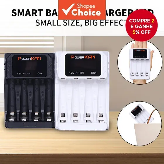 Carregador De Baterias POWERKAN DN4 Com Visor LCD De Carregamento Para 4 De 1.2V NiMH/Cd AA AAA Cabo USB Tipo c