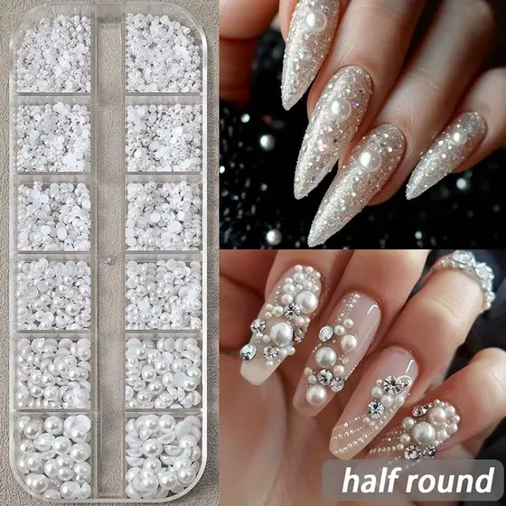 Kit-12 Grades 3D Pérolas Brancas para Unhas 1.5-5mm Meio-Redondas para Decoração de Unhas Acessórios para Manicure