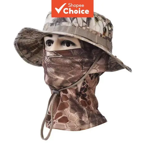 Chapéu de pesca camuflado e máscara facial, proteção solar para ciclismo e trilhas