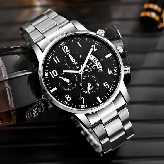 Relógio de Pulso Masculino de Quartzo com Calendário e Pulseira de Aço Fashion