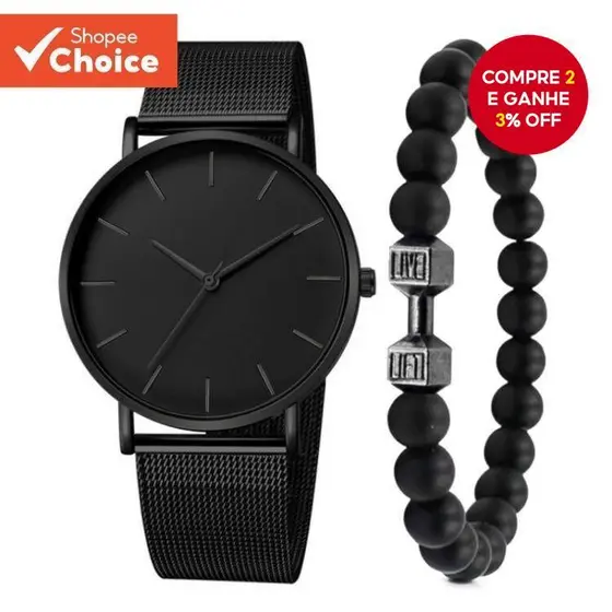 Conjunto De Pulseira De Relógio De Quartzo Com Malha Preta Ultrafina Para Homens , Escritório , Uso Diário , Reunião De