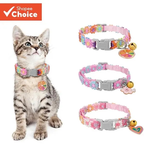 Coleira De Gato De Renda Ajustável Com Pingente De Flor E Sino – Design Floral Bordado Macio Coleiras Fofas Para Gatos P