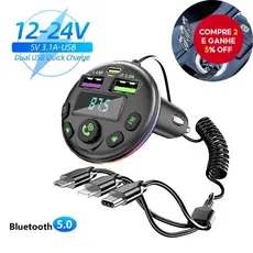 Transmissor FM Bluetooth 5.0 para carro com reprodutor MP3, modulador e receptor de áudio mãos-livres, cabo 3 em 1.