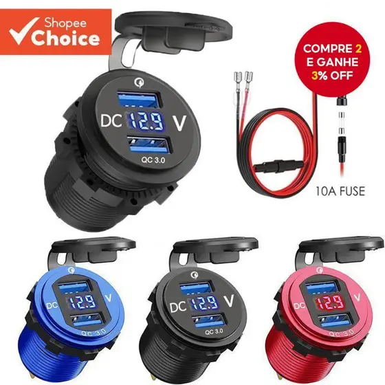 Tomada De Carregador De Carro USB Duplo 12/24V 36W QC3.0 Com Voltímetro E À Prova D'água