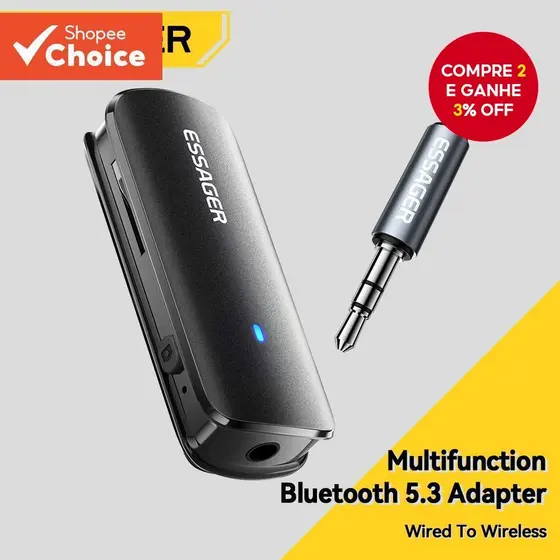 Adaptador Bluetooth 5.3 Essager Tipo-C com cabo de áudio 3,5 mm, slot para cartão TF e suporte a MP3/WAV.