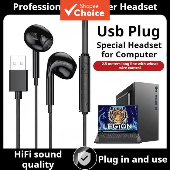 Fones de Ouvido com Microfone USB Pretos para PC, Fio, Isolamento de Ruído, Controle de Volume, Compatível com Laptops,