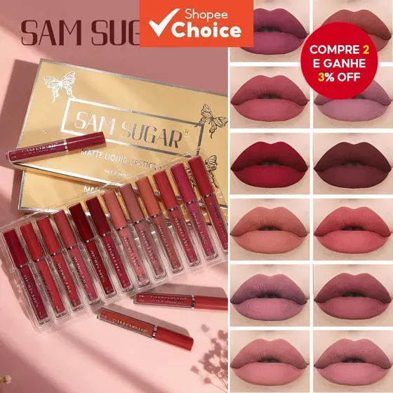 SAM SUGAR 12Pçs/caixa Conjunto de Brilho Labial Matte Veludo à prova d'água Copo antiaderente Esmalte Labial à prova de