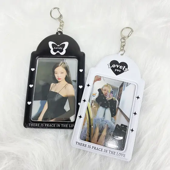 Protetor de Photocard novo em preto e branco, com corrente, capa para fotos de ídolo, bolsa para identificação, cartões