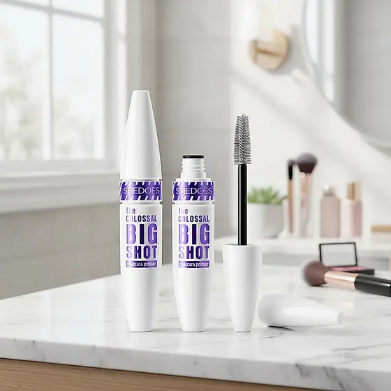 Ela faz máscara de cílios 4D branca - Volumizante, Curvadora & Alongadora, fácil de remover a maquiagem.