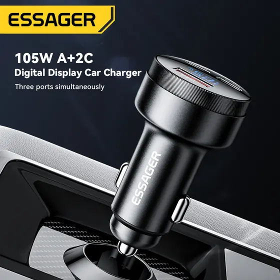 Novo Carregador de Carro Essager 105W com 2 portas USB tipo C, carregamento rápido para PPS, PD e QC para celulares.