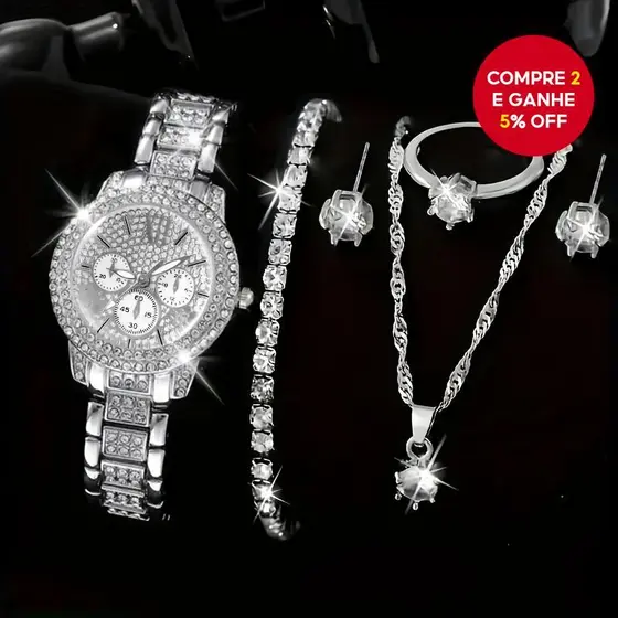 6 peças/conjunto Relógio de Pulso Quartzo Feminino Roma com Diamantes, Relógio Feminino com Pulseira de Liga e Conjunto