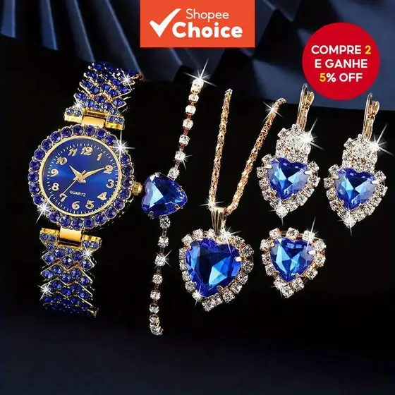Conjunto De Joias De Relógio De Quartzo Para Mulheres Colar Brincos Anel Pulseira Pulso Digital Casual