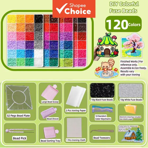 Conjunto de Caixas de Fuse Beads 24/48/72/96/120 Cores com Ferramentas Completas, Pixel Art Quebra-Cabeça DIY, Brinquedo